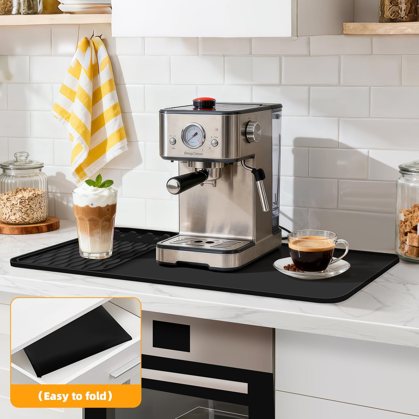 Silicone Coffee Mat 40 * 65 cm Coffee Maker Mat & Bar Mat Leak-Proof Spill-Proof Raised Edges 2 in 1 Removable Countertops Fits Under Coffee Maker for Bars/Restaurants/Cafe/Coffee Shop (Black)