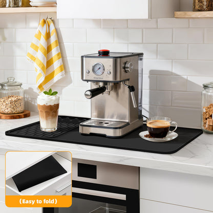 Silicone Coffee Mat 40 * 65 cm Coffee Maker Mat & Bar Mat Leak-Proof Spill-Proof Raised Edges 2 in 1 Removable Countertops Fits Under Coffee Maker for Bars/Restaurants/Cafe/Coffee Shop (Black)
