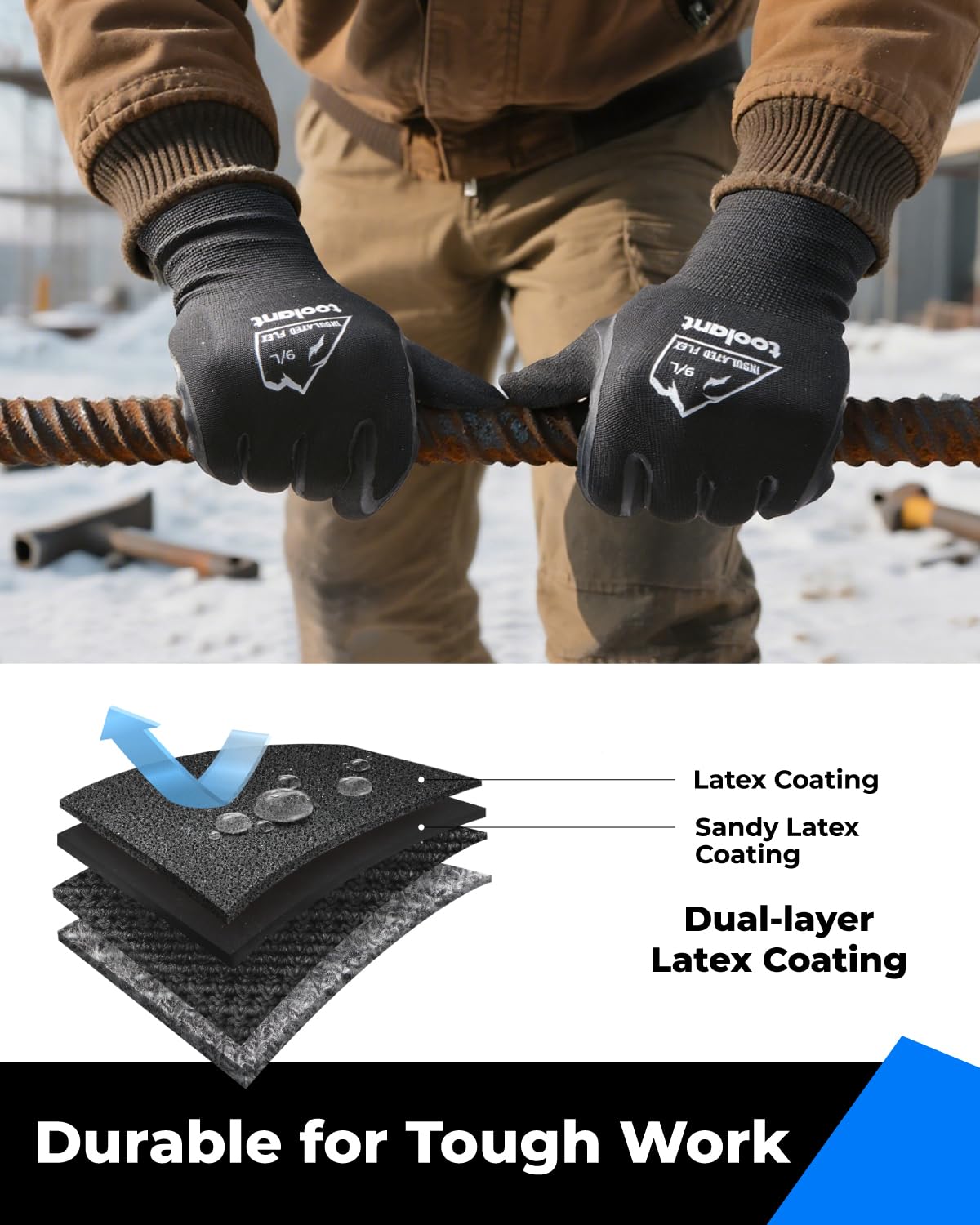 toolant 2 Pairs Winter Work Gloves for Men & Women, Freezer Gloves with Dual-Layer Sandy Latex, Super Durable & Grip, Insulated Liner for Cold Weather, Touchscreen, L, Black