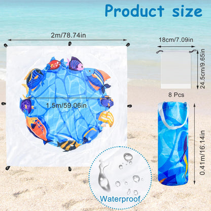 1Pc Beach Pool, 2X2m Portable Pool Blue Beach Mat Paddling Pool with Printed Storage Bag for Boys Girls