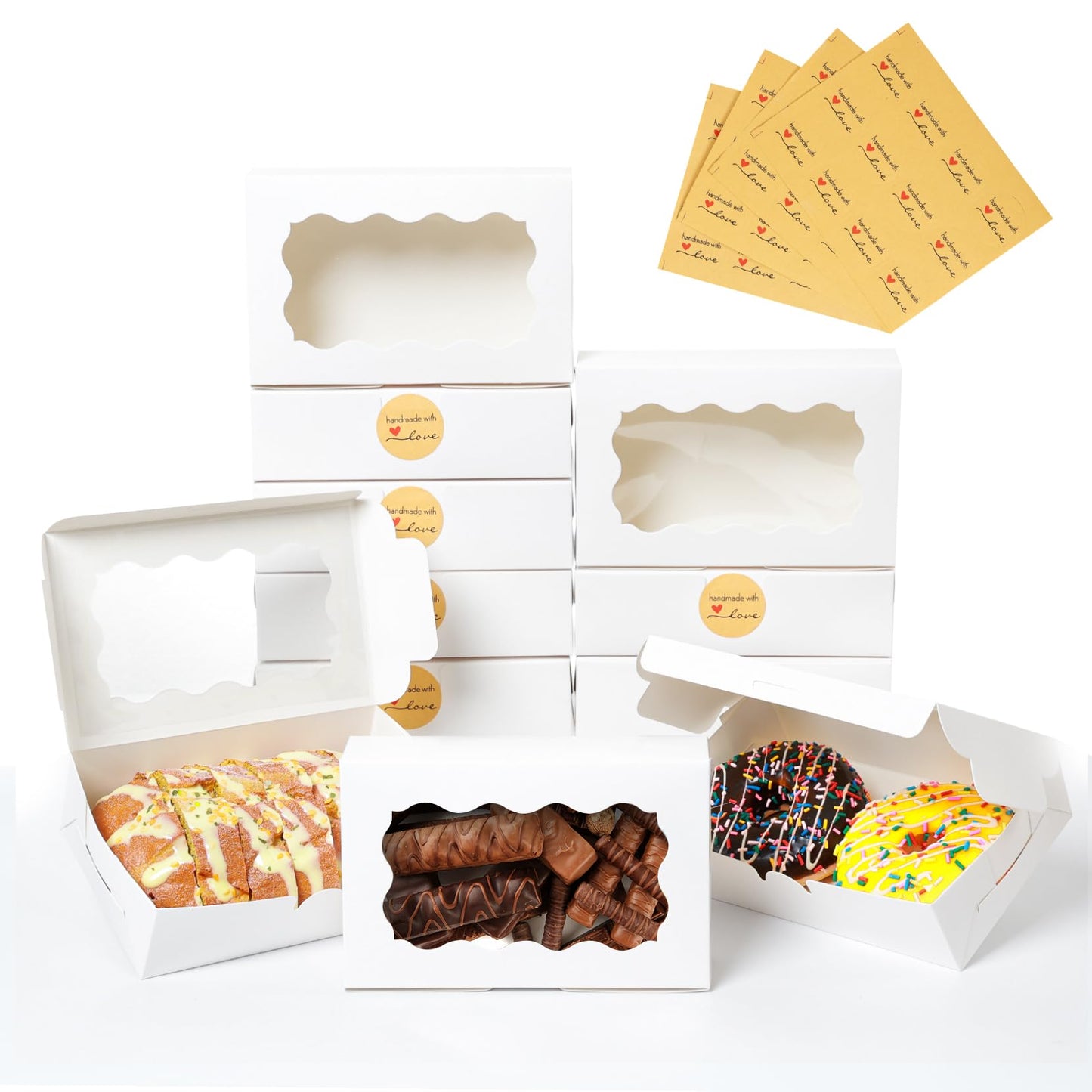50 Pcs White Bakery Boxes with Window, 7x4.5x2 inches Cookie Boxes with Stickers Macaroon Boxes Small Treat Boxes Mini Cake Boxes for Dessert, Pastry, Sturdy Take Out Container for Party Wedding Favor