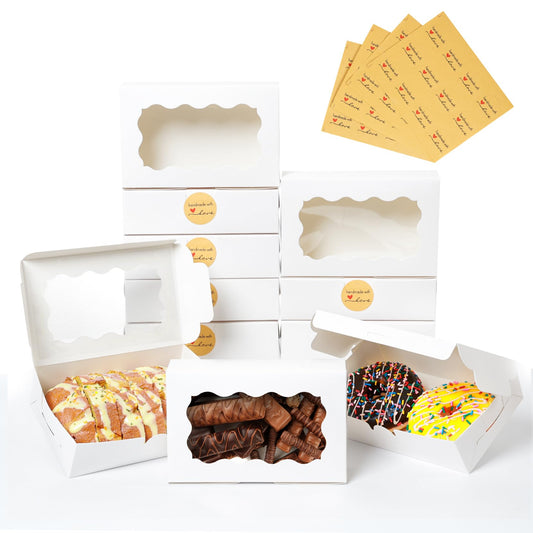 50 Pcs White Bakery Boxes with Window, 7x4.5x2 inches Cookie Boxes with Stickers Macaroon Boxes Small Treat Boxes Mini Cake Boxes for Dessert, Pastry, Sturdy Take Out Container for Party Wedding Favor