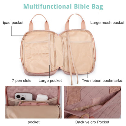 Bible Cover for Women, Bible Case,Carrying Bible Bag Scripture Case Church Bag Bible Protective with Font & Back Zippered Pocket