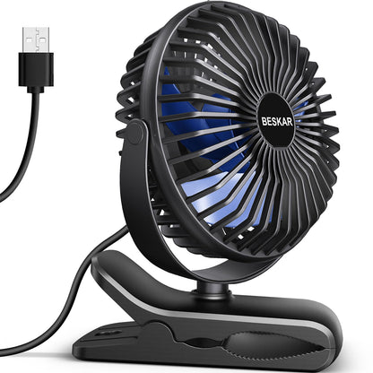 BESKAR USB Powered Clip on Fan, Portable Small Fan with Cord, 3 Speeds Strong Airflow, Personal Fan with Sturdy Clamp, Quiet Desk Fan & Clip Fan