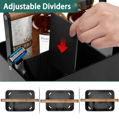 BYUNER Portable Shower Caddy Dorm: Bathroom Cleaning Caddy Organizer with Handle and Adjustable Dividers,Plastic Shower Basket for Toiletry,Makeup,Vanity,Shower Storage Tote for College (Black Wood)
