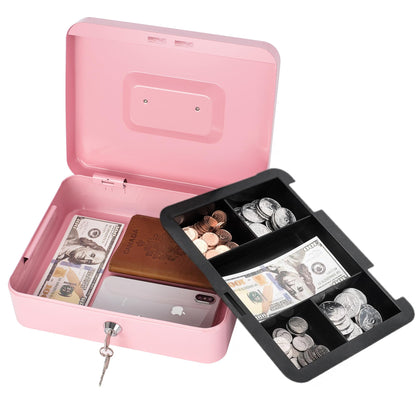 Cash Box with Lock and Money Tray Metal Money Box for Cash Lock Box for Money Safe 9.84" x 7.87" x 3.54" Large Pink