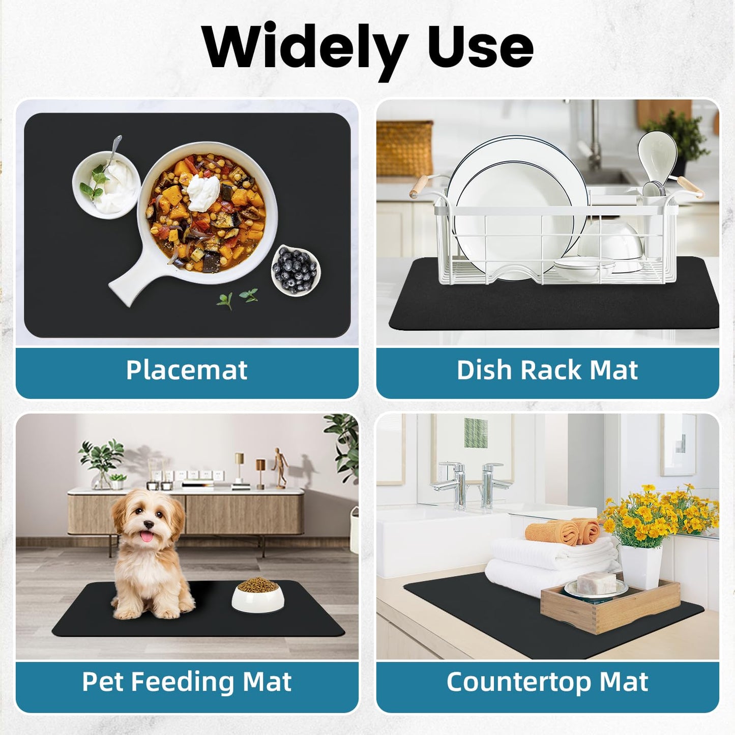 PoYang 24"x16" Coffee Mat Large, Coffee Bar Accessories for Countertop, Absorbent Dish Drying Mat, Anti-Slip and Hide Stain Pad for Espresso Machine, Espresso Maker and Kitchen Counter, Black