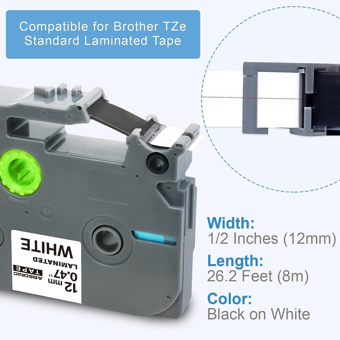 8-Pack Compatible Label Tape Replacement for Brother TZe-231 TZ-231 TZe231 Tz 12mm 1/2" Laminated Black on White PTouch Tze 0.47" Tape for PT-D400 PT-D210 PT-D200 PT-D600 PT-1890 PT-H110 Label Maker