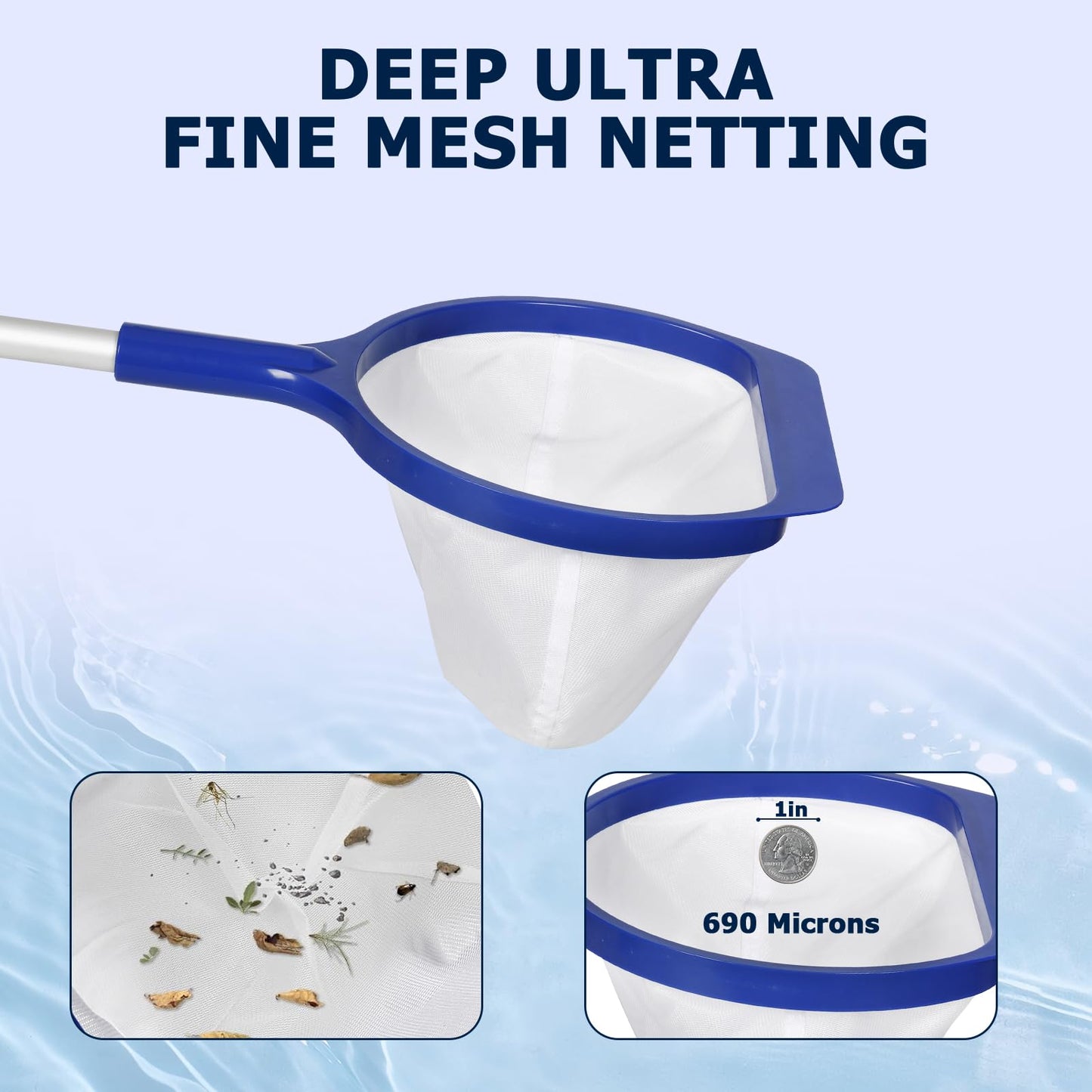 Pool Skimmer Net with Pole, Small Handheld Deep Ultra Fine Mesh 25'' Pool Skimmer Net for Small Above Ground Pool, Spa, Hot Tub Cleaning, Pick Up Fine Debris Lightweight Net