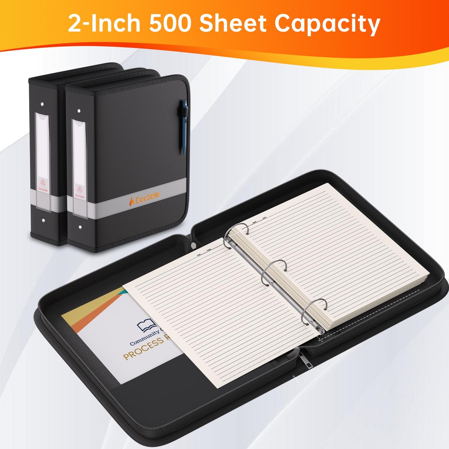 DocSafe 3 Ring Binder with Zipper,Fireproof 2 Inch Round Ring Binder with 2 Interior Pockets,PVC-Free,Portable School Office Home Safe Storage for Letter Size 8.5'' x 11'' Paper Photos Cards Black