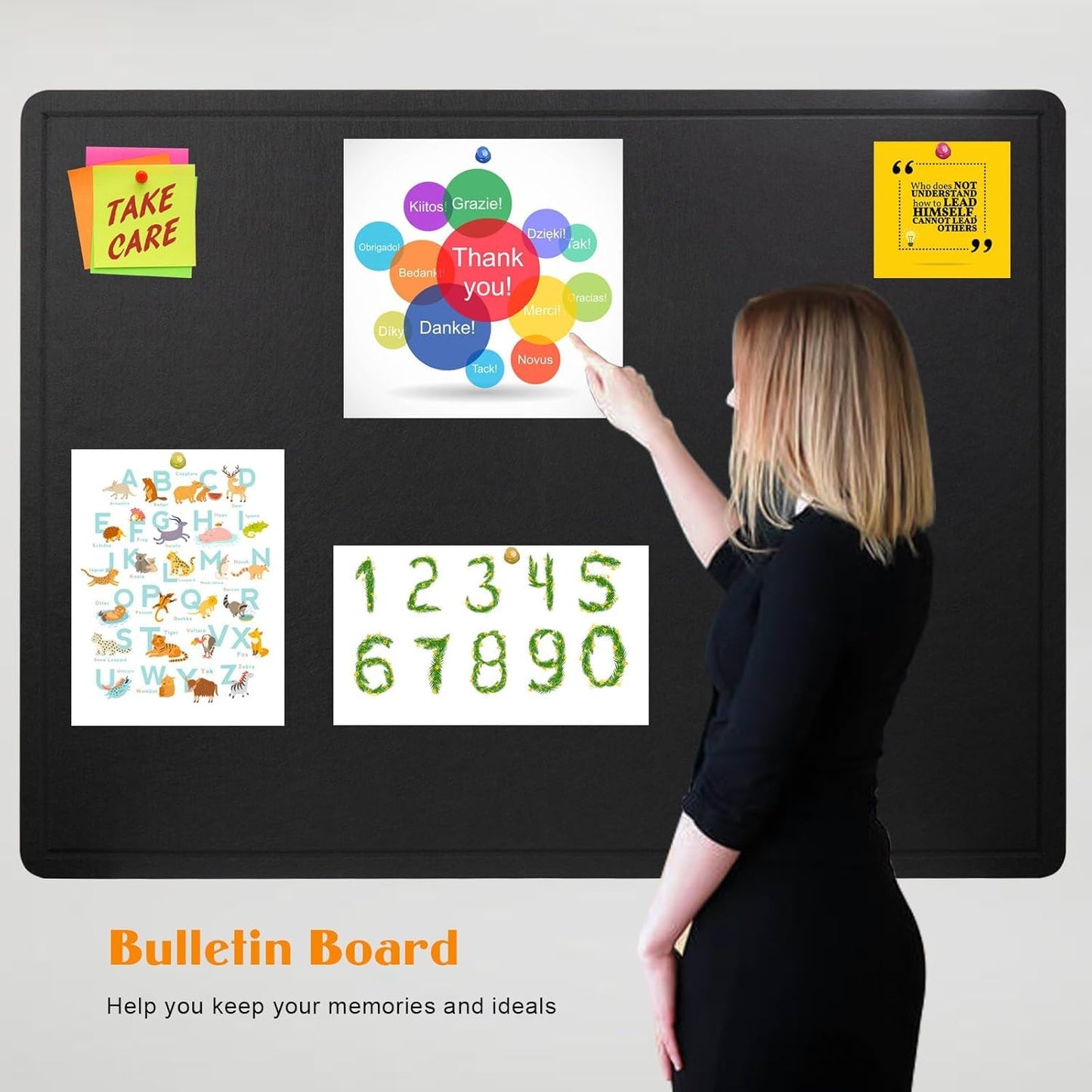 Bulletin Board, 23.5 X 17.5 inches Cork Board with 20 Pushpin, Felt Cork Board Notice Pin Board, Self-Adhesive Foldable Vision Board for Wall - Black