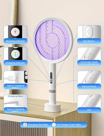 YISSVIC Bug Zapper Racket 4000 Volt Electric Fly Swatter Fly Zapper Indoor Outdoor Dual Modes with Attractant Light Rechargeable