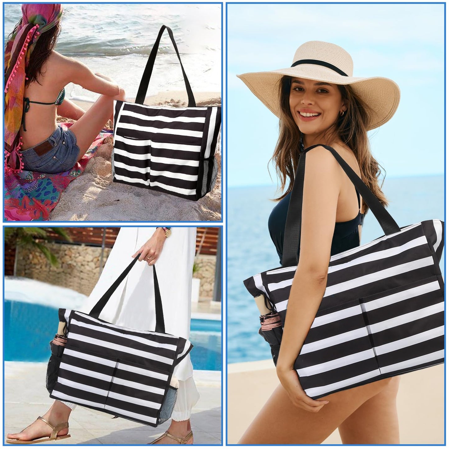 TAHAVICE Extra Large Beach Tote Bag for Women, Water-resistant Tote Bag with Zipper Multi-function Pockets Reusable Shopping Shoulder Bag,Sandproof Swim Pool Bag,travel vacation essentials