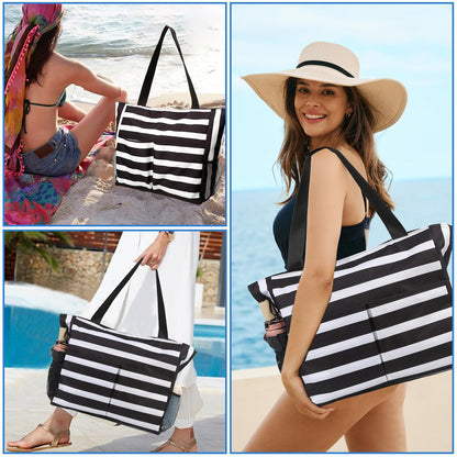 TAHAVICE Extra Large Beach Tote Bag for Women, Water-resistant Tote Bag with Zipper Multi-function Pockets Reusable Shopping Shoulder Bag,Sandproof Swim Pool Bag,travel vacation essentials
