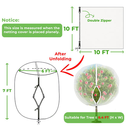 10 x 10 ft Large Fruits Tree Netting Cover with 2 Zippers & Drawstring, Garden Bird Squirrel Small Animal Barrier Netting Plant Protective Cover, Durable Mesh Cover for Cherry Blueberry Apple Tree