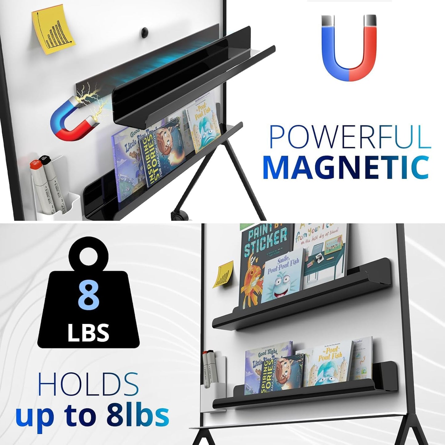 Walquicks Magnetic Book Shelf, 2 Pcs Acrylic Magnetic Book Shelves for Whiteboard Classroom with Pen Organizer, Book Display Shelf File Rack for Classroom Refrigerator Office Black/White