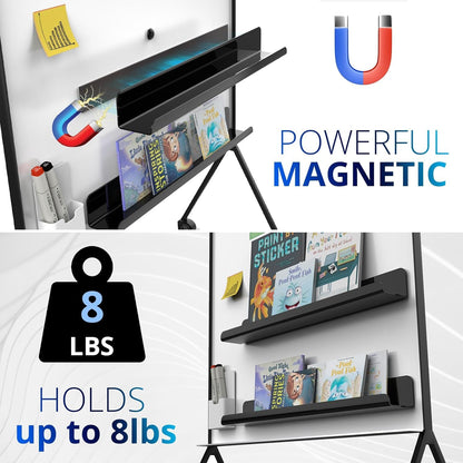Walquicks Magnetic Book Shelf, 2 Pcs Acrylic Magnetic Book Shelves for Whiteboard Classroom with Pen Organizer, Book Display Shelf File Rack for Classroom Refrigerator Office Black/White