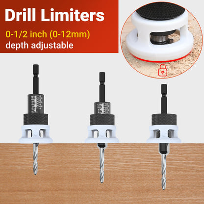 Preciva 5 Pcs Countersink Drill Bits Set, M2 HSS Tapered Drill Bits(1/8"、9/64"、5/32"、11/64"、3/16" with 2 Depth Stops & Hex Shank - for Wood, Plywood, MDF, Plastic & Drywall
