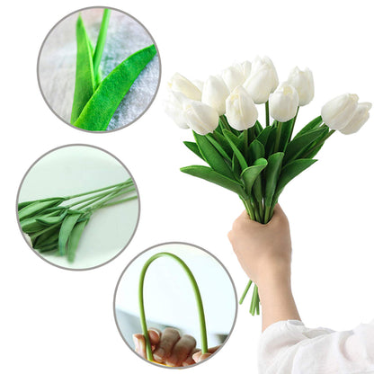 Artificial Flowers 30pcs Bouquet 14" Tall Real Touch Tulips, White PU Fake Tulips Flowers for Arrangement Wedding Party or Easter Spring Home Centerpiece Dining Room Office Table Decoration