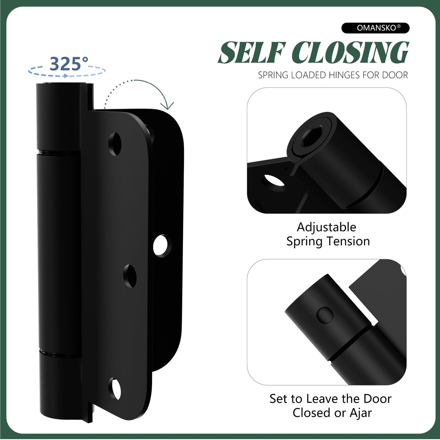 2 Pack Self Closing Door Hinges 3.5 inch Matte Black Spring Loaded Auto Close Hinges 5/8'' Radius Corners Adjustable Tension for Interior Door 3 1/2 Auto Self-Closing Hinge