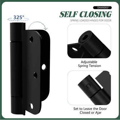 2 Pack Self Closing Door Hinges 3.5 inch Matte Black Spring Loaded Auto Close Hinges 5/8'' Radius Corners Adjustable Tension for Interior Door 3 1/2 Auto Self-Closing Hinge