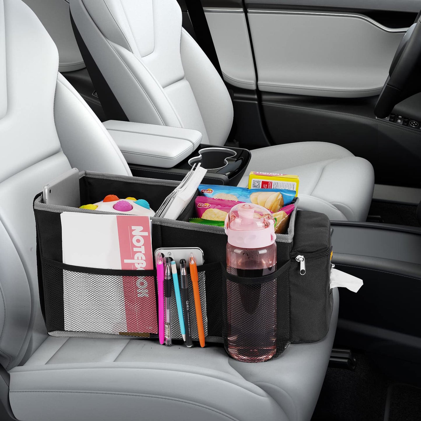 Car Organizer and Storage for Front Back Seat and Floor, Alijees Car Caddy Road Trip Essentials Kids, Automotive Travel Accessories Organization with Cup Holders, Tissue Box, Mesh Pockets