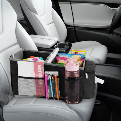 Car Organizer and Storage for Front Back Seat and Floor, Alijees Car Caddy Road Trip Essentials Kids, Automotive Travel Accessories Organization with Cup Holders, Tissue Box, Mesh Pockets