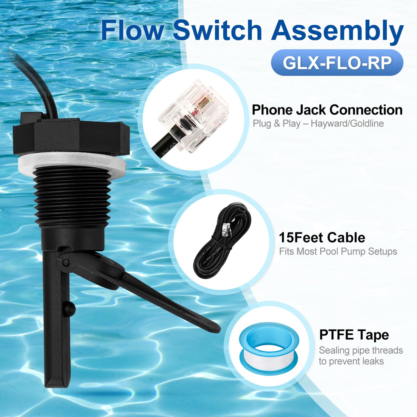 Baomain 15Ft Pool Flow Switch GLX-FLO-RP, 1/2 inch Thread for Hayward & Goldline Salt System, Suitable Hayward Salt Cell Chlorine Generator Sensor Switch