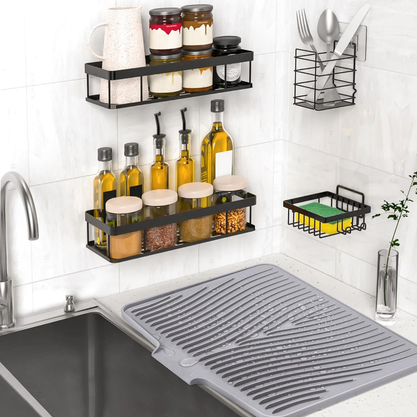 TIKNIK Silicone Dish Drying Mat for Kitchen Counter, Dish Drying Pad, Non-Slip Drain Pad with Built-in Drain, Heat Resistant Stone Drying Mat (16" x 12" / 40 x 30cm, Grey)
