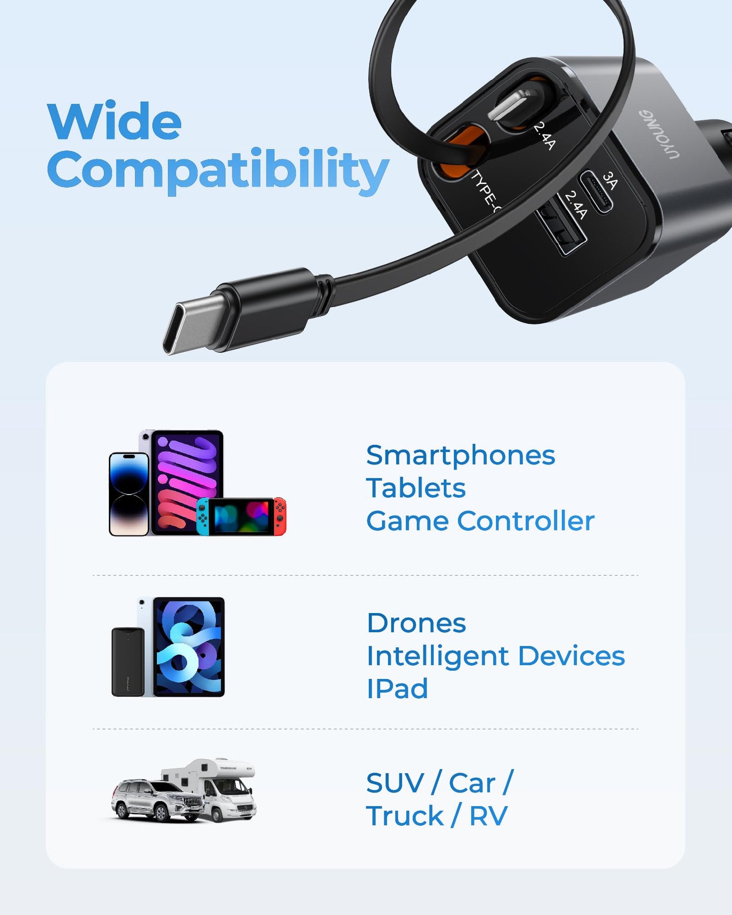 4 in 1 Retractable Car Charger, 4-in-1 Fast Car Phone Charger with 2 Retractable Cables 2.5FT and 2 USB Ports Compatible with i Phone 15/14/13/12/11 Pro Max/XR/XS,Galaxy,Pixel,iPad/iPod