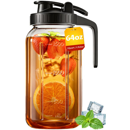 VA1KENE 64oz Glass Pitcher with Lid and Handle – Mason Jar Style Water Jug with Spout, Wide Mouth Glass Pitcher for Sun Tea, Juice, Breast Milk, Cold Brew & More