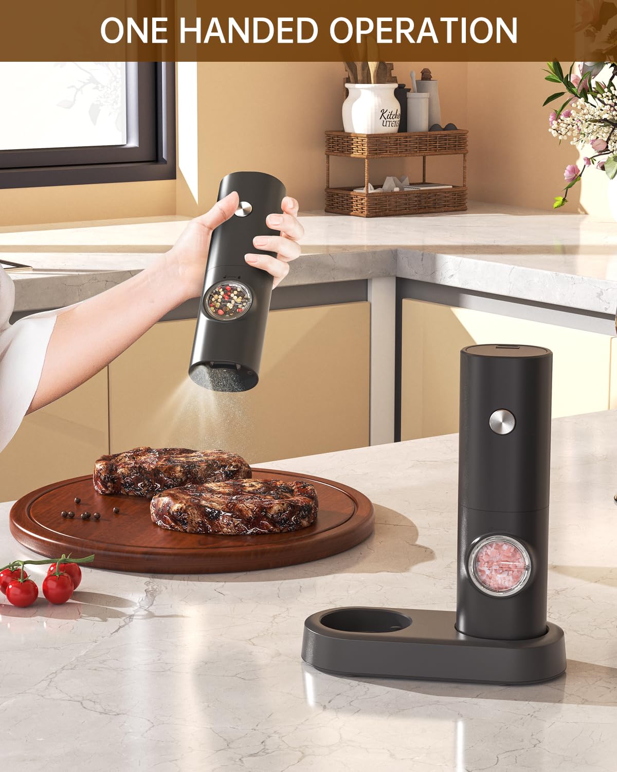 CIRCLE JOY Salt and Pepper Grinder Set Electric Pepper Grinder Automatic Pepper Mill with Adjustable Coarseness, Battery Powered Operation, Black