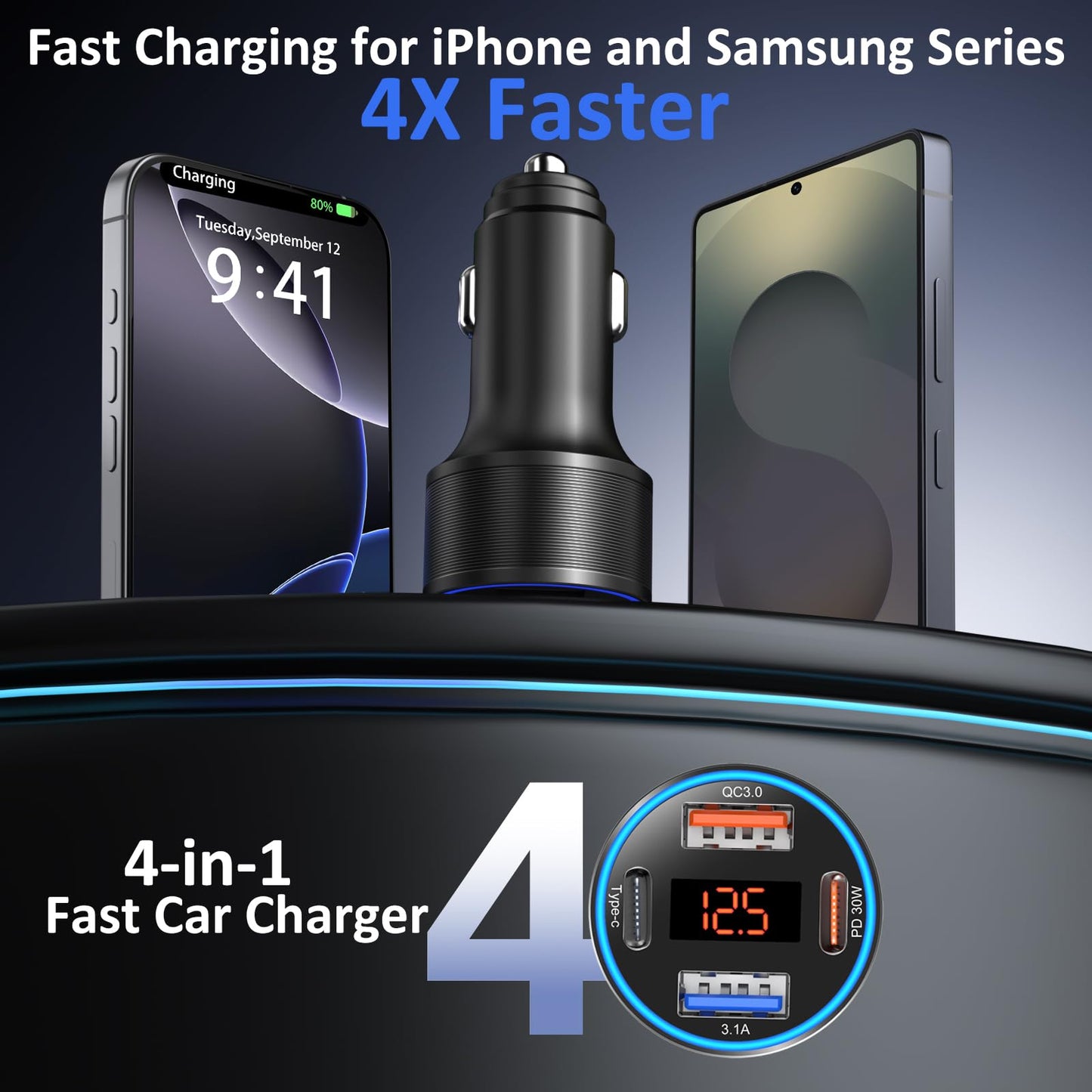 USB C Car Charger 3 Pack, 65W 4-Port Super Fast Car Phone Charger PD+QC 3.0 12V USB Car Charger with Voltage Display Cigarette Lighter Adapter for iPhone 16e 15 14 13 12 Pro Max,Samsung,Android(Black)