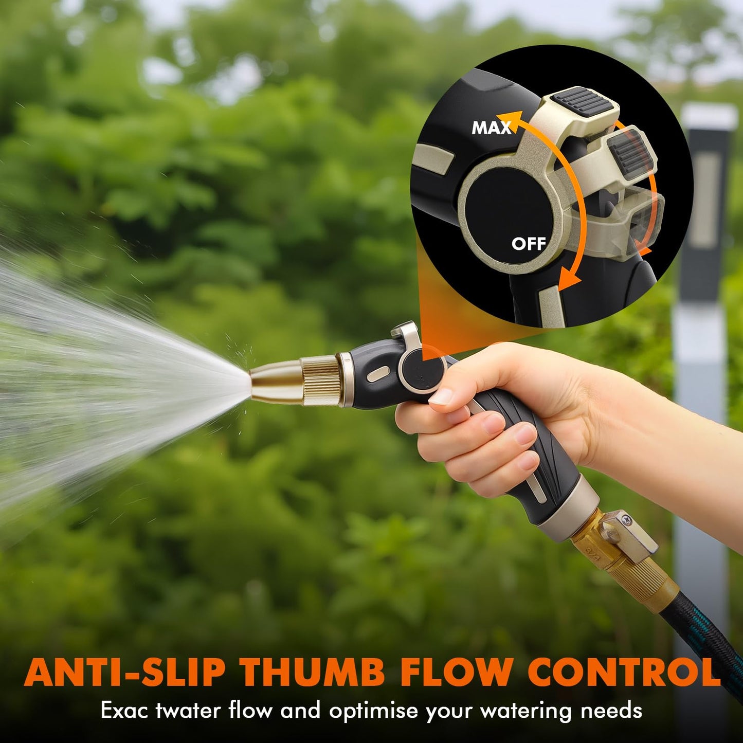 RESTMO Hose Nozzle Sprayer, Heavy Duty Brass Head, High Pressure Metal Water Hose Nozzle for Car Washing, Garden Cleaning, Lawn and Plant Watering, Adjustable Thumb Flow Control, 4 Spray Patterns