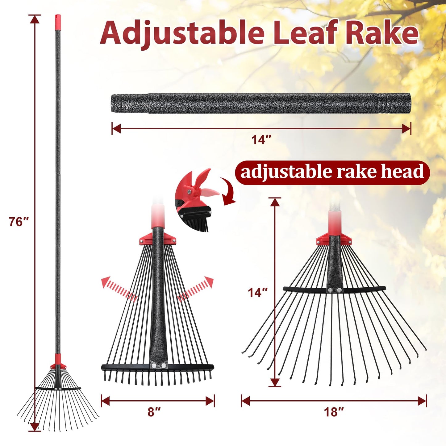 76 Inch Rake for Leaves, Adjustable 18 Metal Tines with Expandable Head Garden Rakes for Lawns Heavy Duty Metal Rake for Leaves Yard Gardening Grass Outdoor Debris