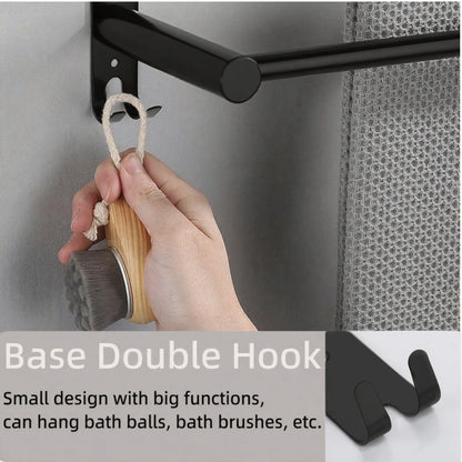 MEKENSO SUS304 Dual Bar Adjustable Towel Bar, Expandable Space Saving Towel Rack, Bathroom Towel Holder with Double Hook 16.9 to 29.9 Inch, No Drill/Screw Installation.（Black）
