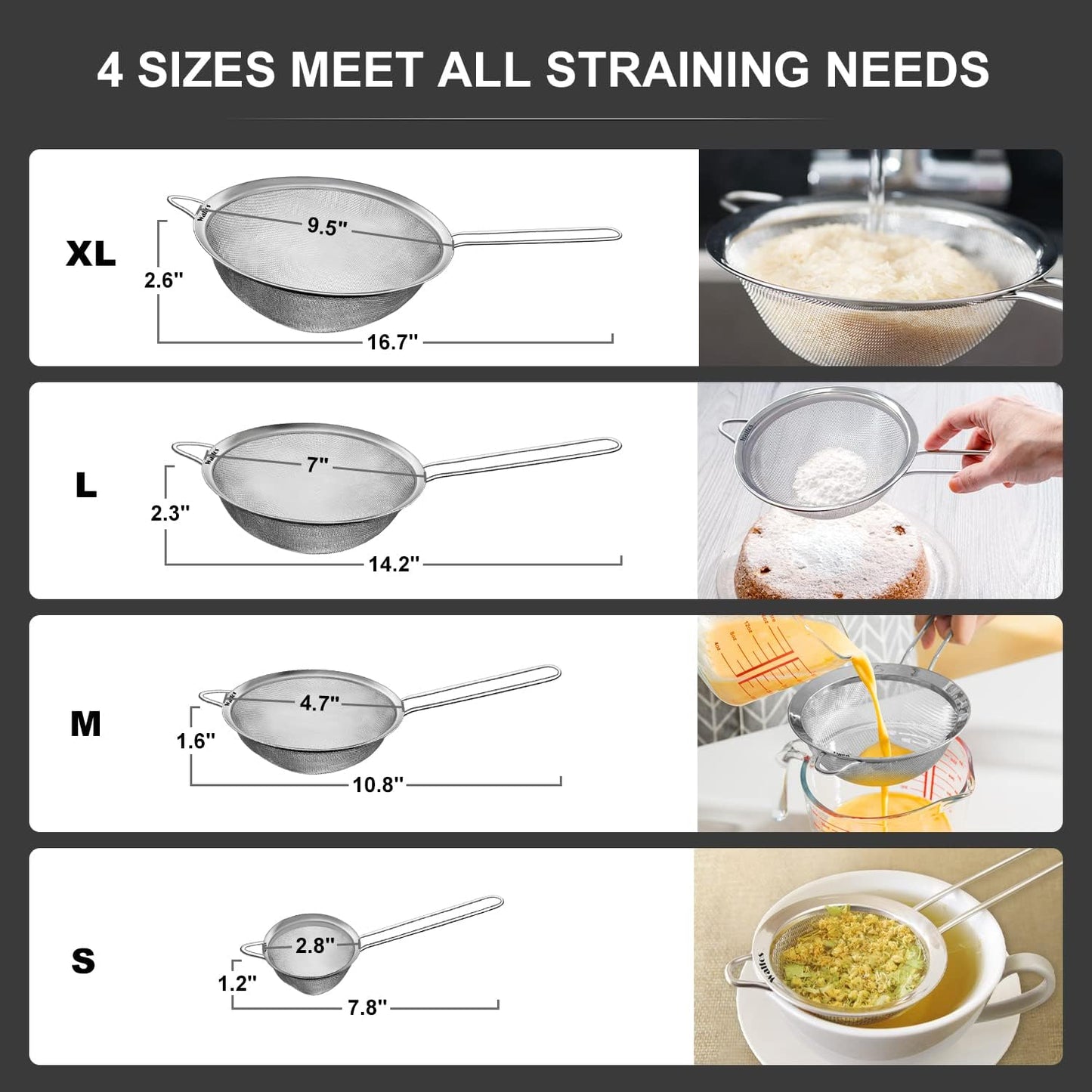 Walfos Fine Mesh Strainer Set of 4-9.5", 7", 4.7", 2.8", Multipurpose Stainless Steel Mesh Sieve with Handle, Kitchen Fine Strainers Sifters for Food, Rice, Quinoa, Fruits, Vegetables, Tea