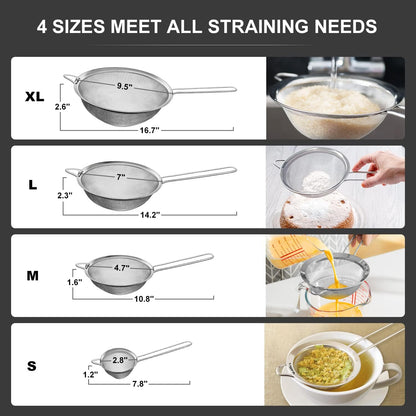 Walfos Fine Mesh Strainer Set of 4-9.5", 7", 4.7", 2.8", Multipurpose Stainless Steel Mesh Sieve with Handle, Kitchen Fine Strainers Sifters for Food, Rice, Quinoa, Fruits, Vegetables, Tea
