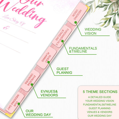 Wedding Planner For Bride-A4 Bridal Wedding Planning binder With 5 Tabbed Sections+Wedding Countdown Calendar,Unique Engagement Gifts For Couples,Pink Love