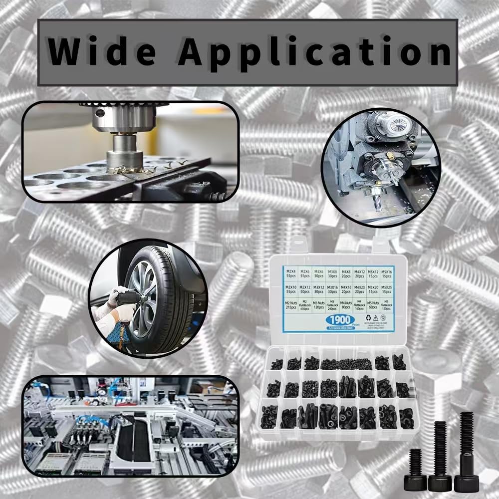 WiliThghe 1900PCS M2 M3 M4 M5 Metric Screw Combination, Hex Nut Metric Bolt and Nut Combination Kit, Metric Nut and Bolt Flat Washer and Lock Washer Kit, with 4 Hex Wrenches, Grade 12.9 Alloy Steel