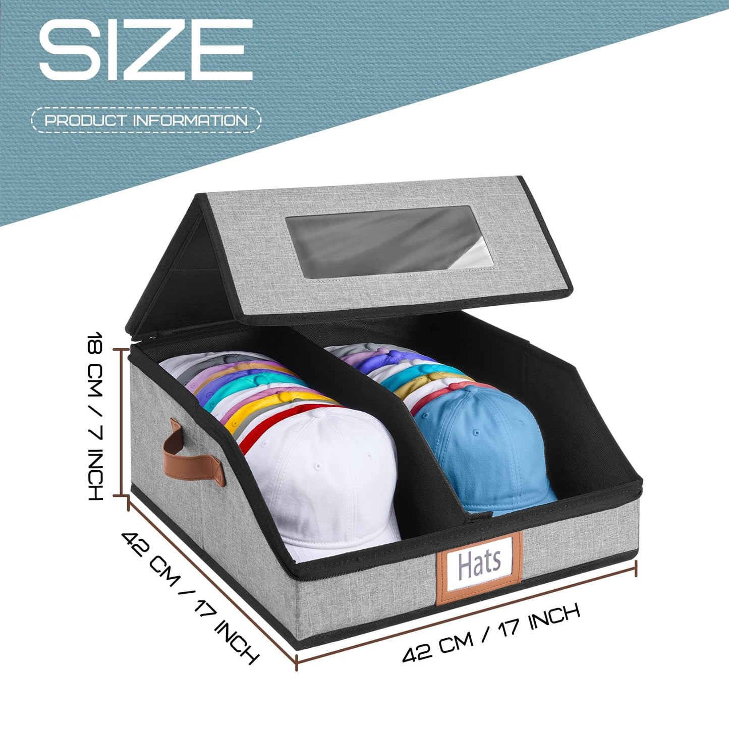 WERNNSAI Hat Storage Box for Men Women, Clear Window Hat Boxes Organizer Bag with Expanded Capacity, Holds up to 28 Hats Case with Lid for Baseball Caps Travel Closet, Grey