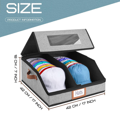 WERNNSAI Hat Storage Box for Men Women, Clear Window Hat Boxes Organizer Bag with Expanded Capacity, Holds up to 28 Hats Case with Lid for Baseball Caps Travel Closet, Grey