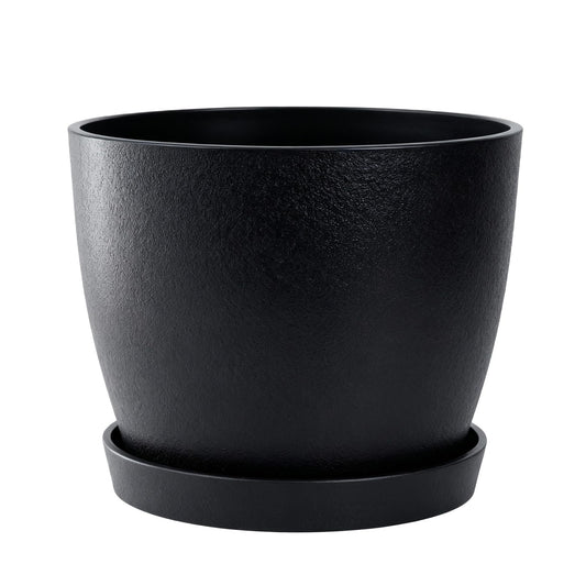 Bamworld 9 Inch Round Plastic Planter Pot with Drainage Holes, Modern Indoor Outdoor Planters for Succulents Flowers Small Plants, Garden Decor (Black)