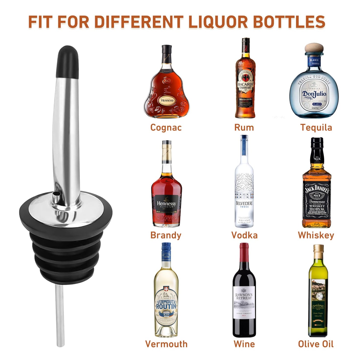 48 Pack Liquor Bottle Pourers, Stainless Steel Liquor Pour Spout, Olive Oil Spout, Bar Bartender Bottle Pourers for Alcohol with Rubber Dust Caps, Tapered Spout