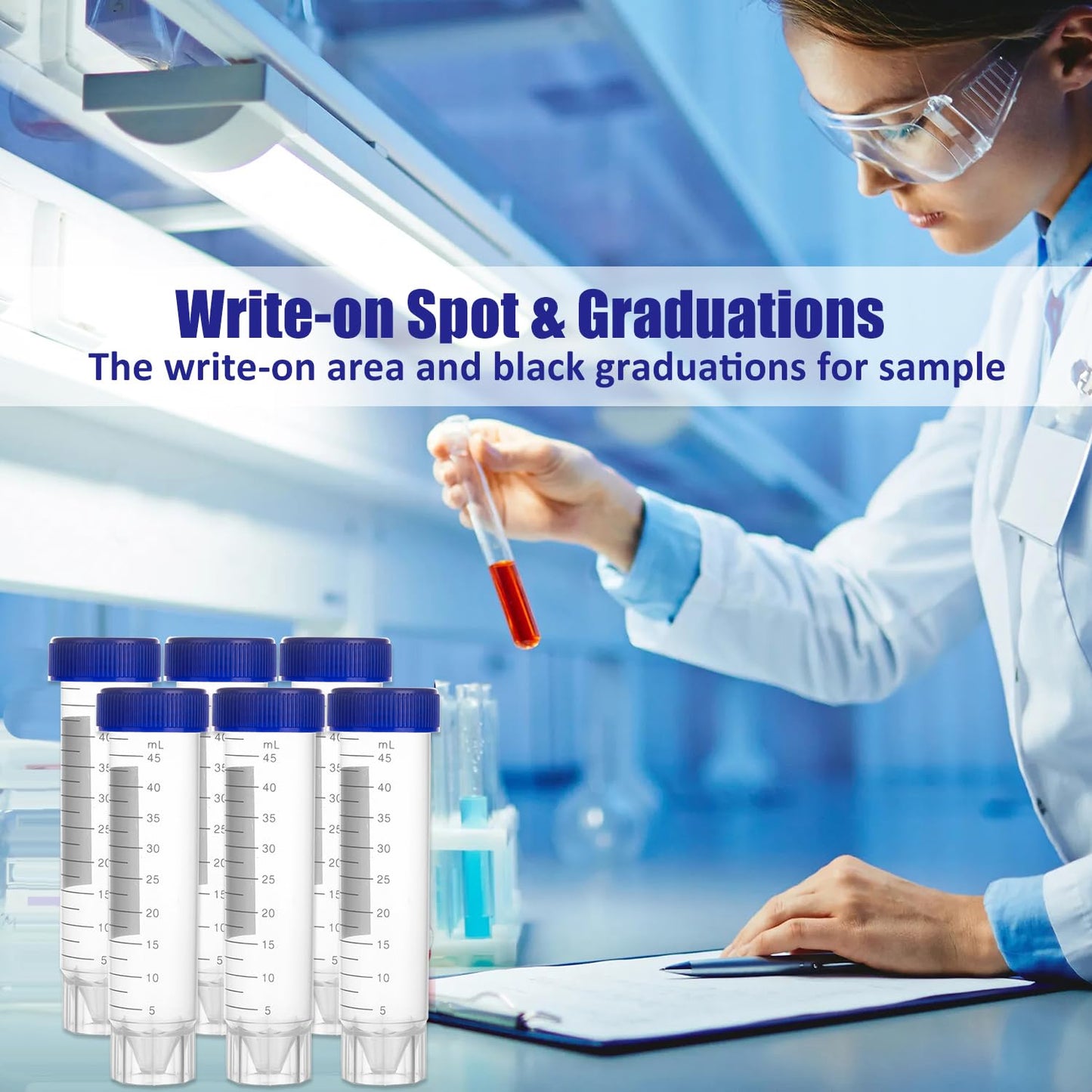 ESHATO 50 Pack Sterile Centrifuge Tubes, 50ML Polypropylene Self-Standing Test Tubes with Leak-Proof Screw Caps, Graduated and Write Marks, Conical Tubes, DNase/RNase Free, Human DNA-Free