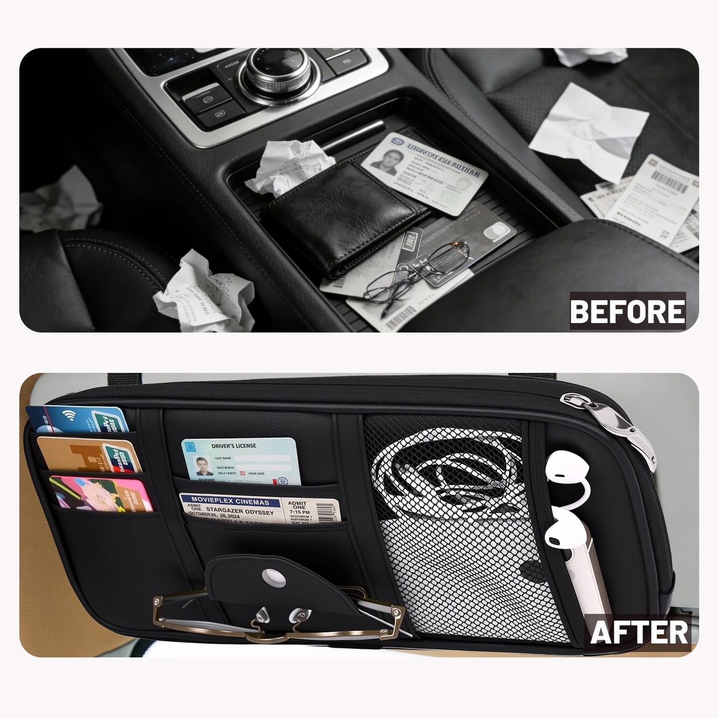 Yuan & Chuang Car Visor Organizer, Sun Visor Storage Pouch with Zipper, Lightweight Car Organizer for Cards, Glasses and Documents, PU Leather, Road Trip Essentials, Fits Most Vehicles, Black (1 Pack)