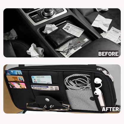 Yuan & Chuang Car Visor Organizer, Sun Visor Storage Pouch with Zipper, Lightweight Car Organizer for Cards, Glasses and Documents, PU Leather, Road Trip Essentials, Fits Most Vehicles, Black (1 Pack)