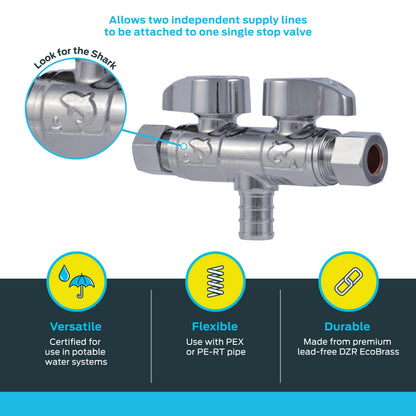 Sharkbite 1/2 x 3/8 x 3/8 Inch Brass Crimp Angle Stop Valve, Dual Shut Off, Quarter Turn, PEX Pipe, PE-RT, UCDS123838Z