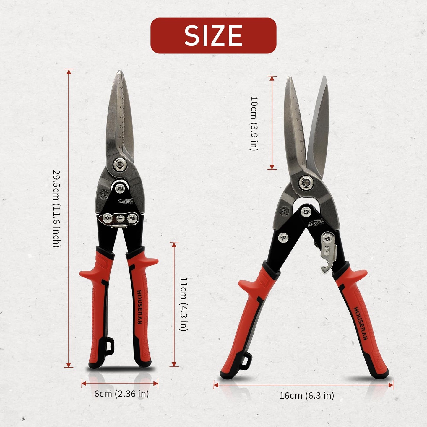 HOUSERAN 12 Inch Aviation Snips, Long Straight Cut Tin Snips, Heavy Duty CR-MO Metal Cutter with Double Lever, Scale Markings & Safety Lock, Shears Scissors for Cutting Metal Sheet