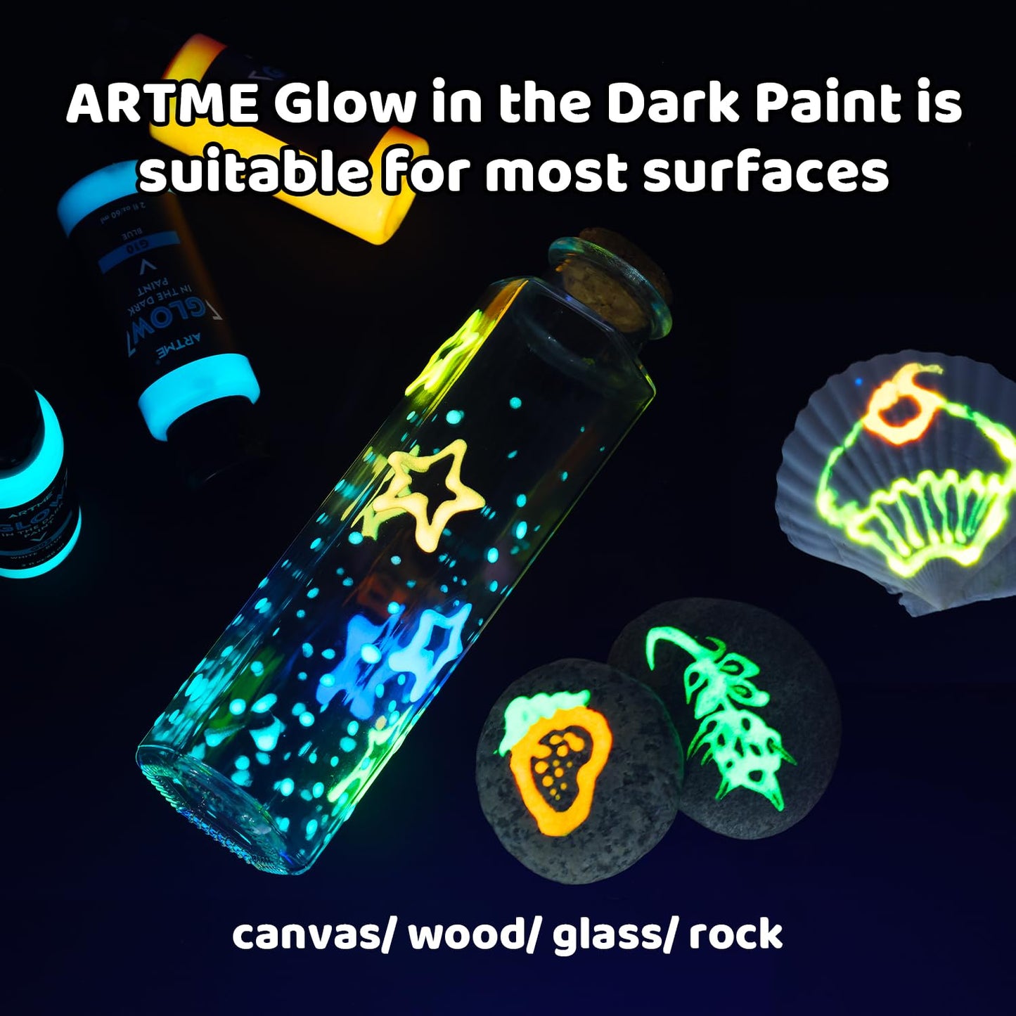 ARTME Glow in The Dark Paint, 10 Bright Colors 60ml/2oz Blacklight Paint Set, Neon Craft Paint, Acrylic Glow Fluorescent Paint Perfect for Art Painting, DIY projects, Halloween and Christmas